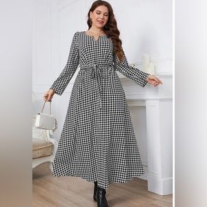 Plus Size Casual Black Houndstooth Sash Belt Round Neck Tunic Maxi Dress